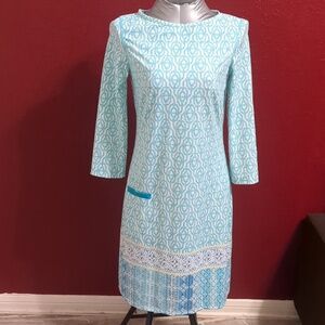 CABANA LIFE Blue-Green/Coastal Cottage 3/4 Sleeve Pocket Shift Mini Dress